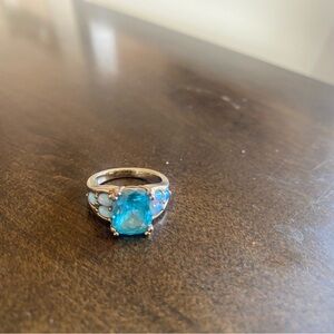Technibond Gold over 925 sterling Blue Cushion-Cut Topaz Ring with Opal Accents